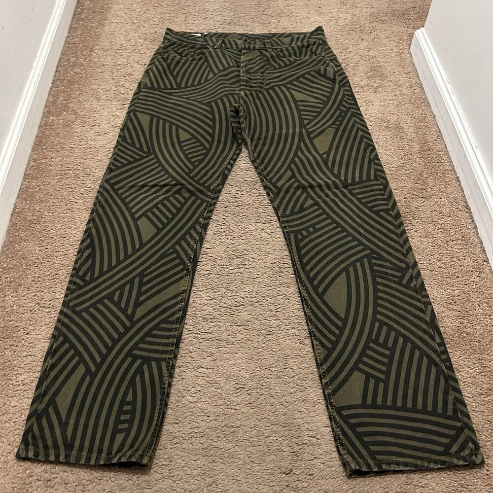 Dries Van Noten Men’s Size 33 Straight Leg Jeans Black Green Geometric Pattern